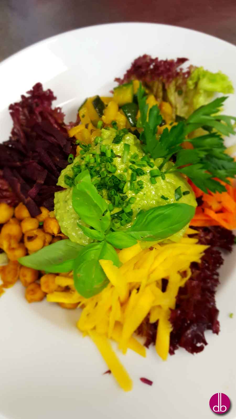 Regenbogen-Power-Salat mit grüner Avocado-Sauce